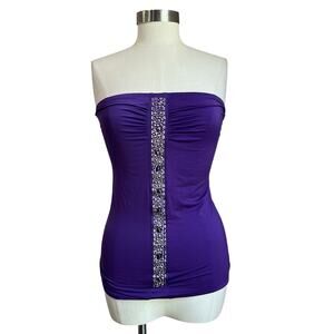 Y2K Vintage DEB Purple Strapless Bejeweled Top Party Glam Size L